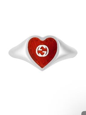 Gucci Interlocking G Red Enamel Heart Ring Size 6 (Gucci 12) Sterling Silver